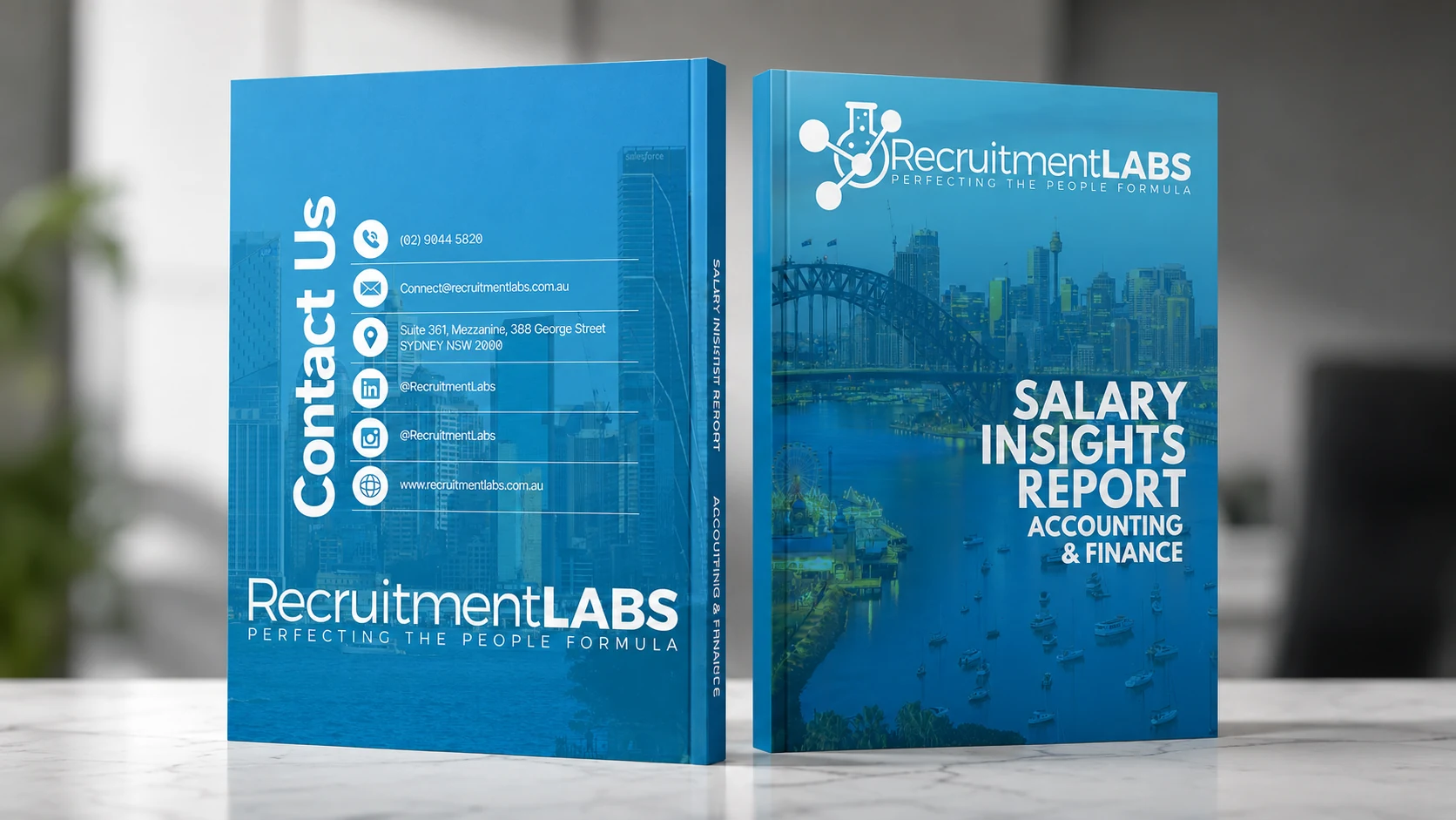 The Recruitment Labs Salary Insights Report, standing beside its Contact Us back cover